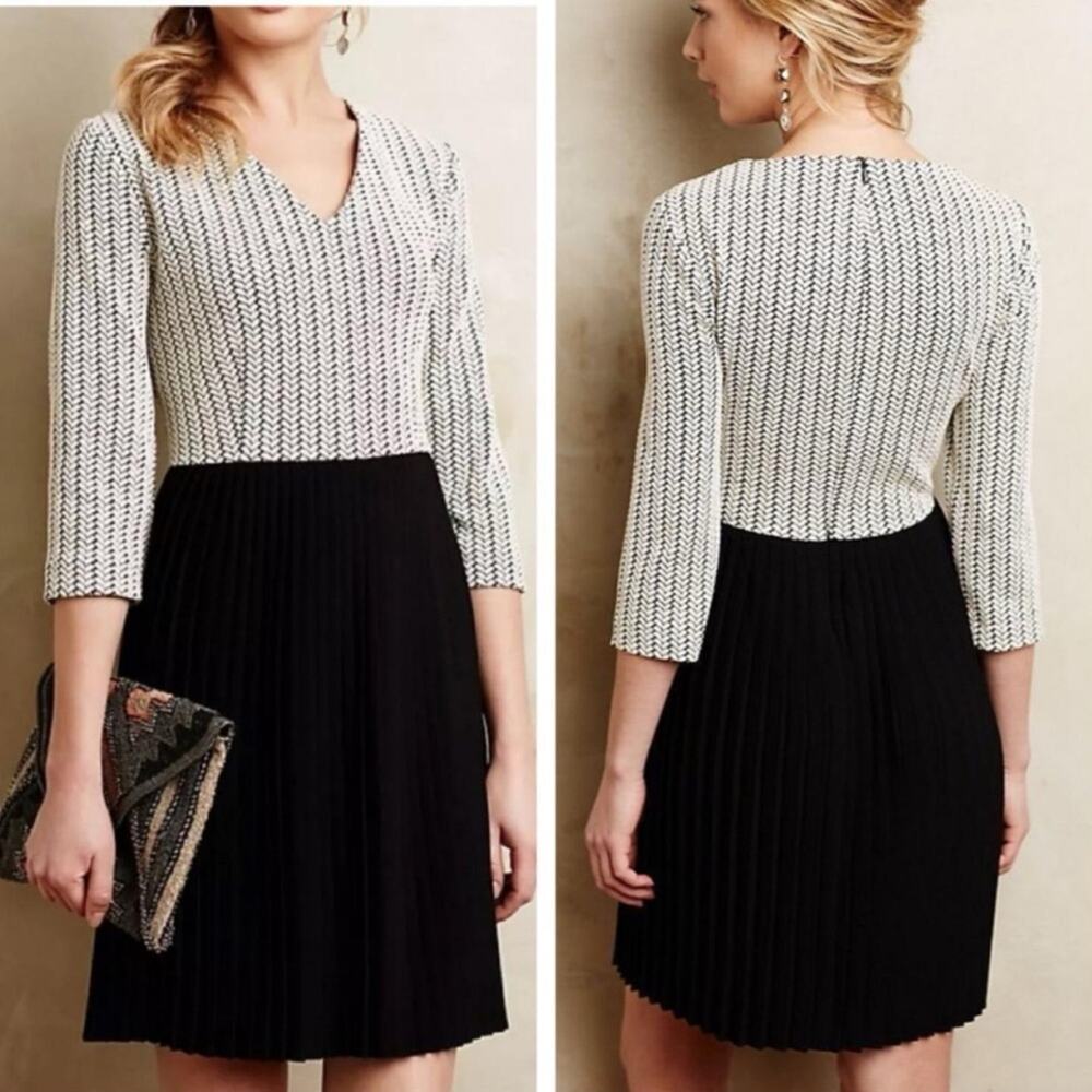 Ganni Anthropologie Hutch Nalina Black & White Ribbed 3/4 Sleeve Dress Size XS